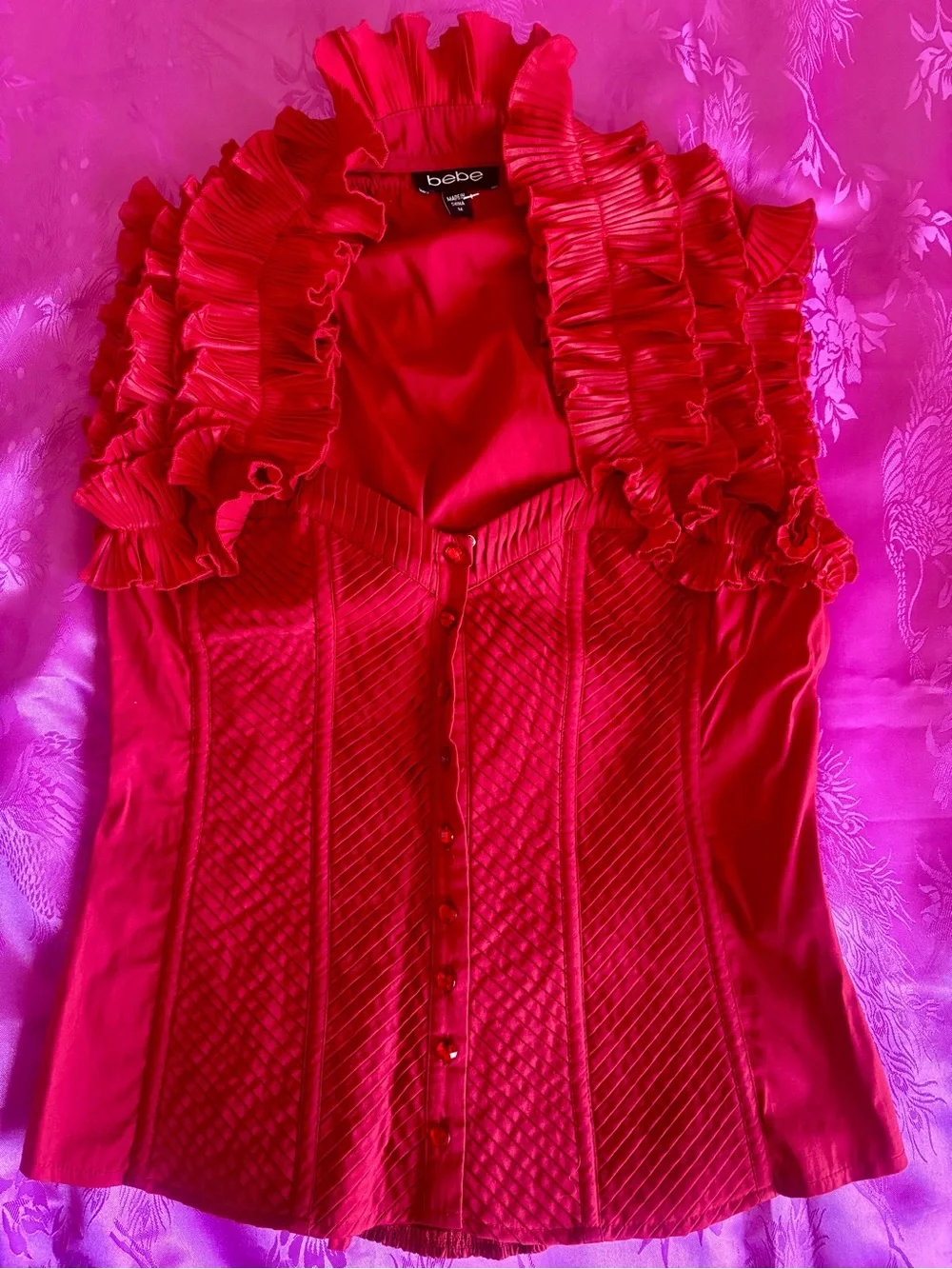 bebe Red Ruffle-Trim Button Front Blouse - Picture 1 of 3